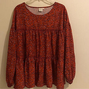 Grace & Emma Women Boho Long Puff Sleeves Size L Red Patterned Oversized